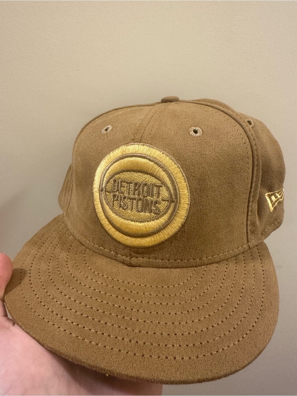 New Era Detroit Pistons Tan and Gold Suede fitted Hat 7 1/2 may have shrunk